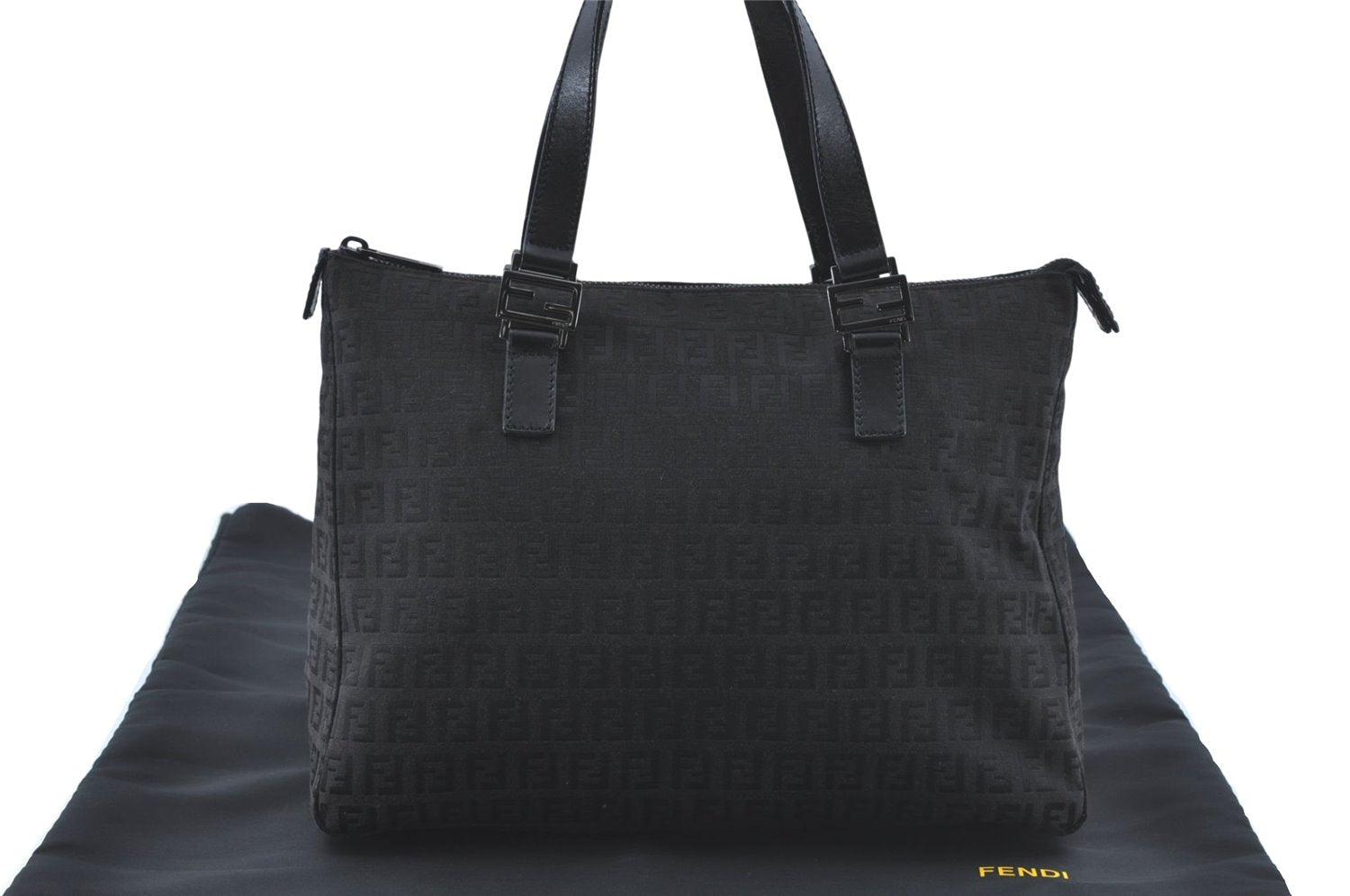 Authentic FENDI Zucchino Hand Tote Bag Purse Canvas Leather Black J2125