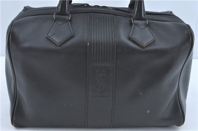 Authentic YVES SAINT LAURENT Hand Boston Bag Purse Leather Black J2127