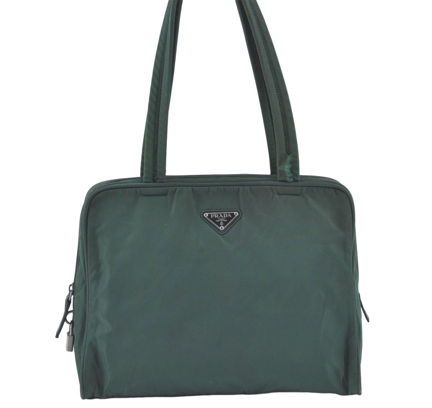 Authentic PRADA Nylon Tessuto Leather Shoulder Tote Bag Green J2131