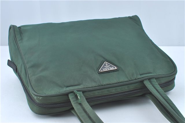Authentic PRADA Nylon Tessuto Leather Shoulder Tote Bag Green J2131