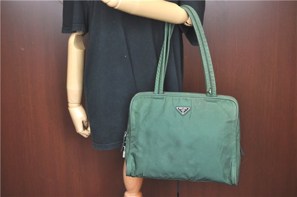 Authentic PRADA Nylon Tessuto Leather Shoulder Tote Bag Green J2131