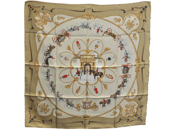 Authentic HERMES Carre 90 Scarf "THE ROYAL MEWS" Silk Beige J2143