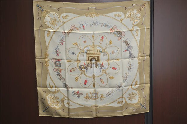 Authentic HERMES Carre 90 Scarf "THE ROYAL MEWS" Silk Beige J2143