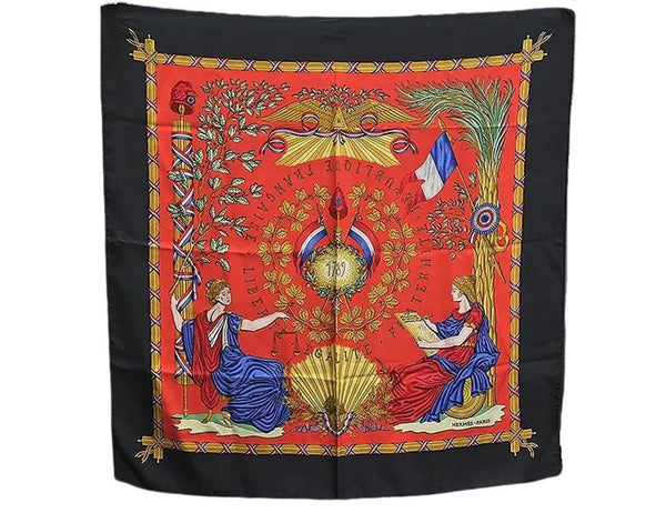 Authentic HERMES Carre 90 Scarf "LIBERTE EGALITE FRATERNITE" Silk Black J2144