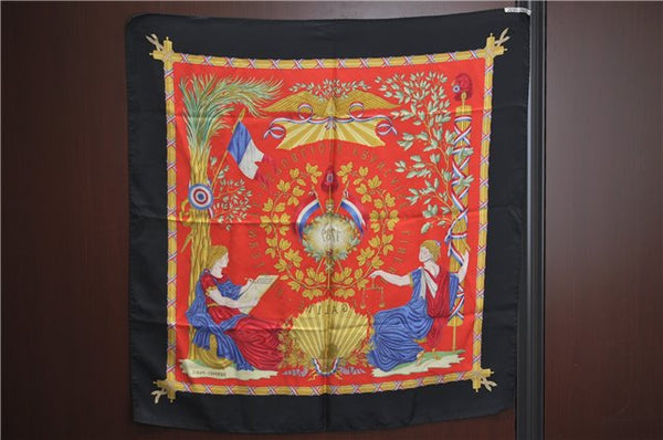 Authentic HERMES Carre 90 Scarf "LIBERTE EGALITE FRATERNITE" Silk Black J2144