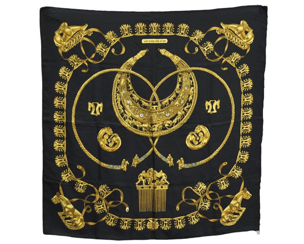 Authentic HERMES Carre 90 Scarf "LES CAVALIERS D’OR" Silk Black J2149