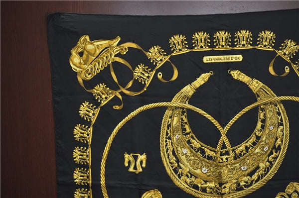 Authentic HERMES Carre 90 Scarf "LES CAVALIERS D’OR" Silk Black J2149