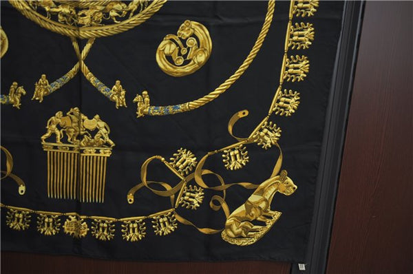 Authentic HERMES Carre 90 Scarf "LES CAVALIERS D’OR" Silk Black J2149