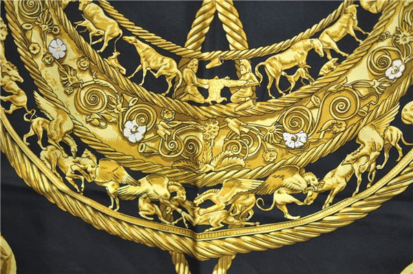 Authentic HERMES Carre 90 Scarf "LES CAVALIERS D’OR" Silk Black J2149