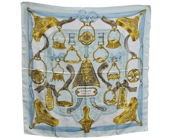 Authentic HERMES Carre 90 Scarf "Etriers" Silk Light Blue J2150