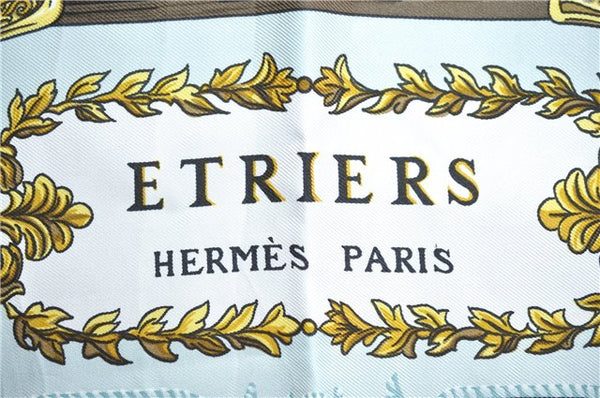 Authentic HERMES Carre 90 Scarf "Etriers" Silk Light Blue J2150