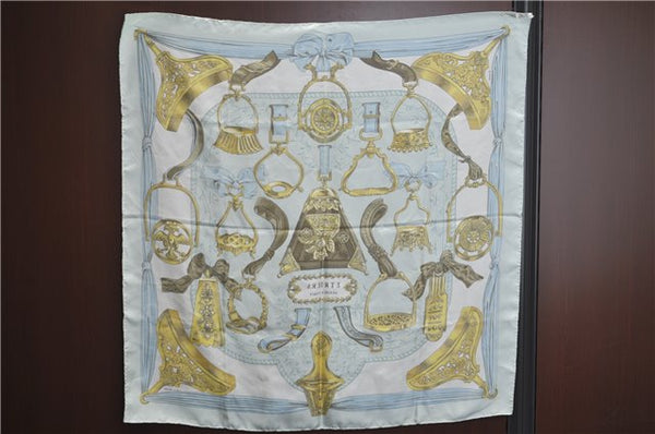 Authentic HERMES Carre 90 Scarf "Etriers" Silk Light Blue J2150