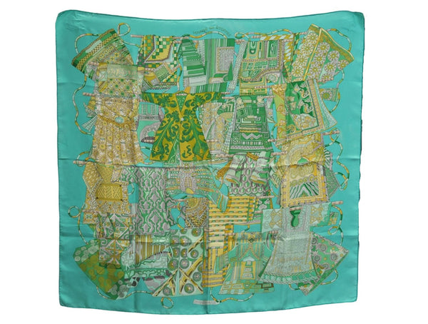 Authentic HERMES Carre 90 Scarf "Voyage en Etoffes" Silk Light Green J2151