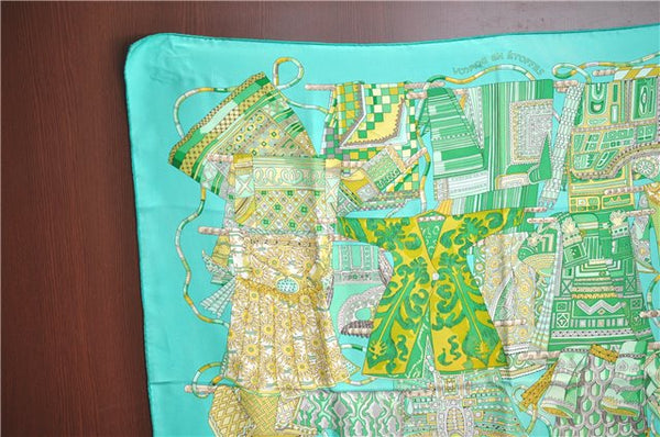 Authentic HERMES Carre 90 Scarf "Voyage en Etoffes" Silk Light Green J2151