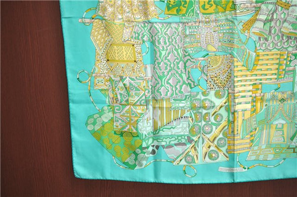 Authentic HERMES Carre 90 Scarf "Voyage en Etoffes" Silk Light Green J2151