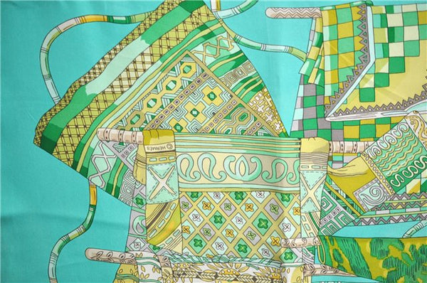 Authentic HERMES Carre 90 Scarf "Voyage en Etoffes" Silk Light Green J2151