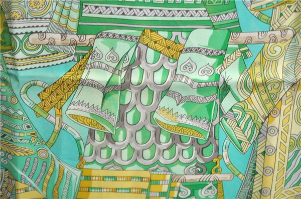 Authentic HERMES Carre 90 Scarf "Voyage en Etoffes" Silk Light Green J2151