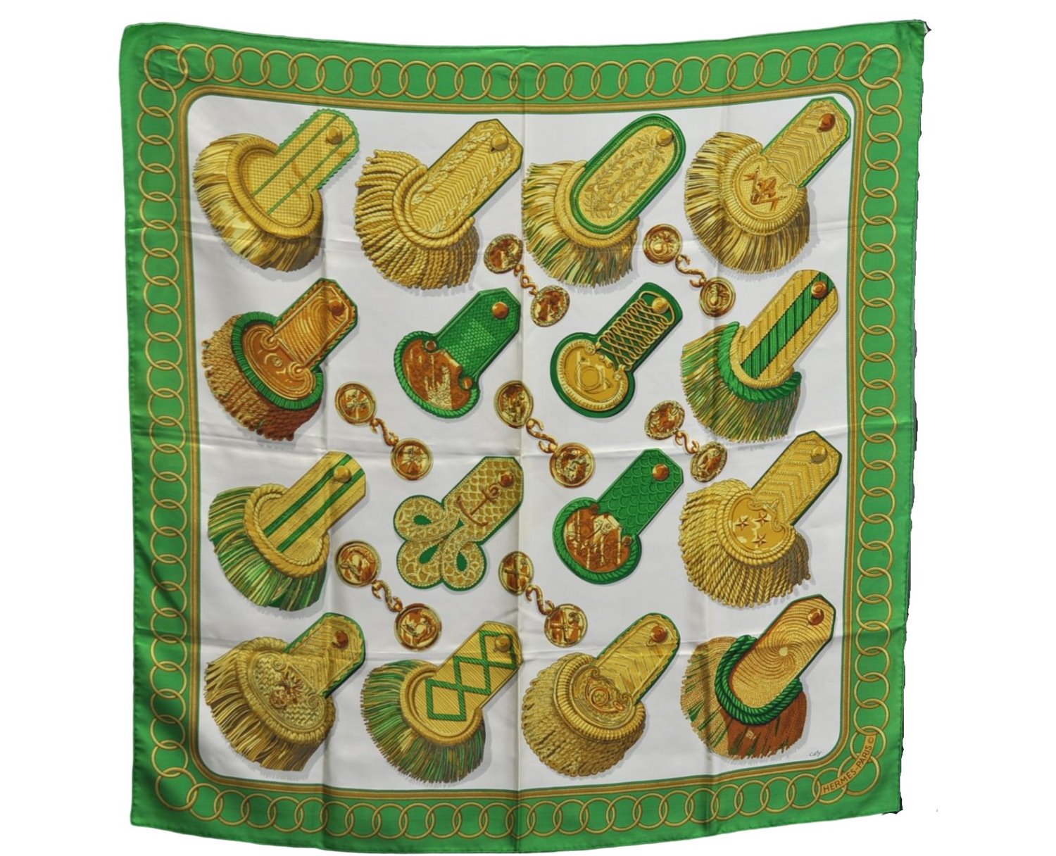 Authentic HERMES Carre 90 Scarf Ring Motif Silk Green Gold White J2157