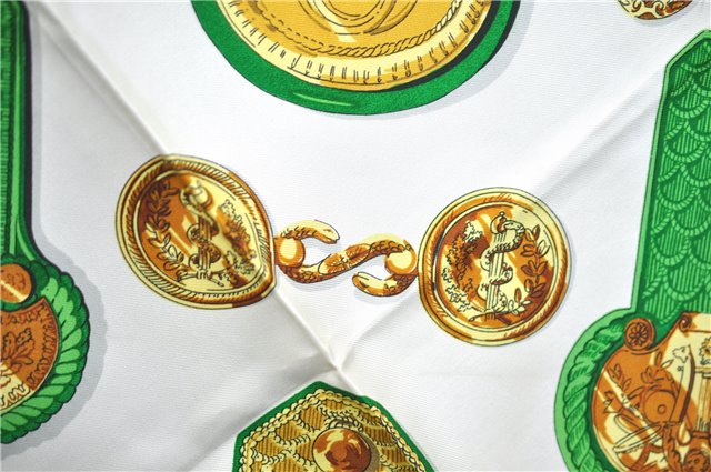 Authentic HERMES Carre 90 Scarf Ring Motif Silk Green Gold White J2157