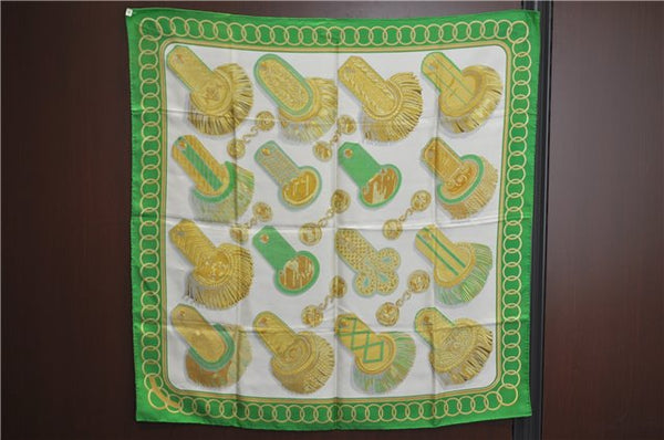 Authentic HERMES Carre 90 Scarf Ring Motif Silk Green Gold White J2157