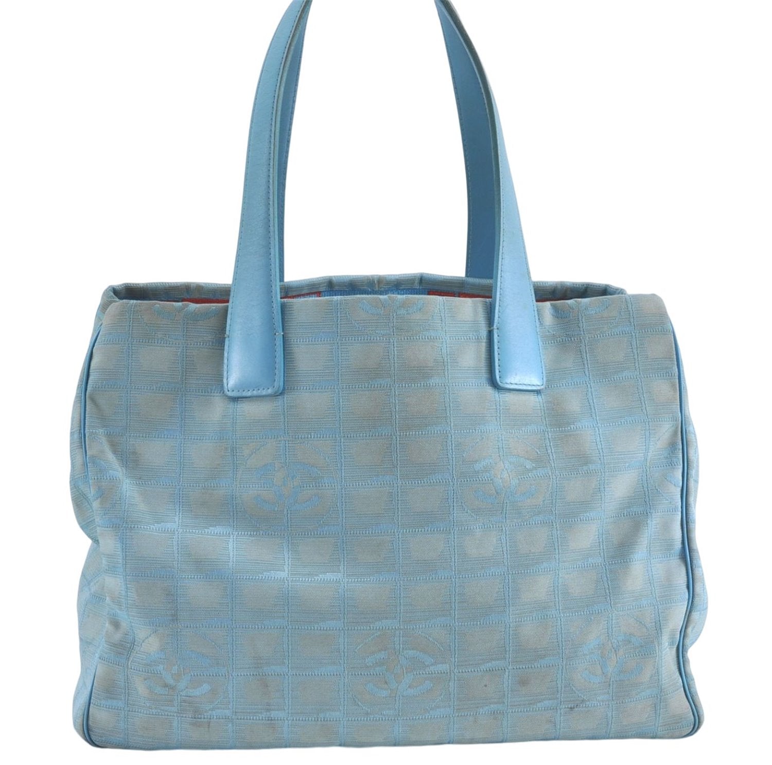 Auth CHANEL New Travel Line Shoulder Tote Bag Nylon Leather Light Blue J2179