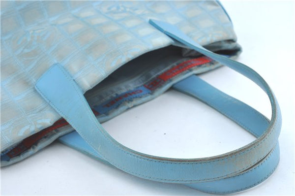 Auth CHANEL New Travel Line Shoulder Tote Bag Nylon Leather Light Blue J2179