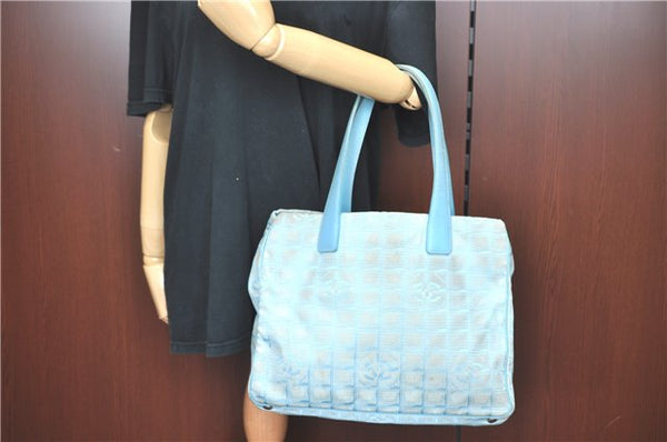 Auth CHANEL New Travel Line Shoulder Tote Bag Nylon Leather Light Blue J2179