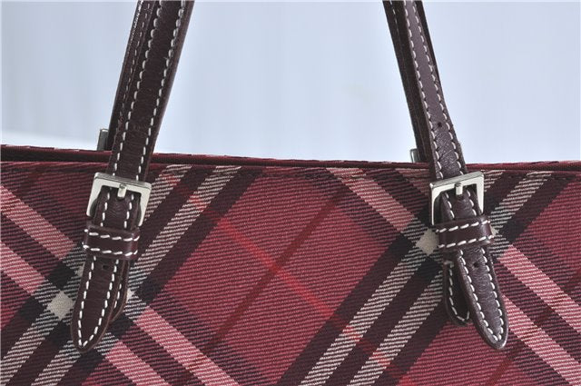 Authentic BURBERRY BLUE LABEL Check Hand Tote Bag Purse Canvas Leather Red J2187