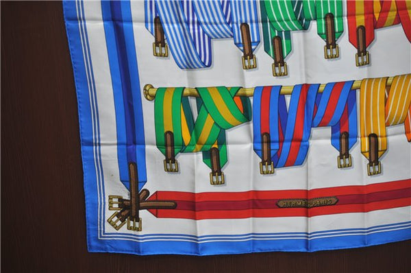 Authentic HERMES Carre 90 Scarf "J.METZ Les Sangles" Silk Light Blue White J2196