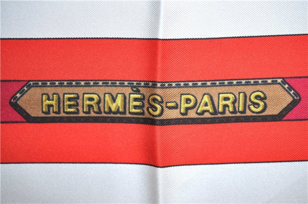 Authentic HERMES Carre 90 Scarf "J.METZ Les Sangles" Silk Light Blue White J2196