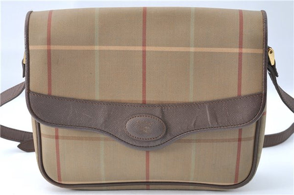 Authentic Burberrys Check Shoulder Cross Body Bag Canvas Leather Brown J2199