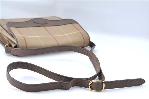 Authentic Burberrys Check Shoulder Cross Body Bag Canvas Leather Brown J2199