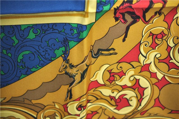 Authentic HERMES Carre 90 Scarf "ANIMAUX SOLAIRES" Silk Red Gold J2212