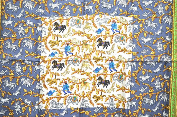 Authentic HERMES Carre 90 Scarf "CHASSE EN INDE" Silk Light Gray J2214