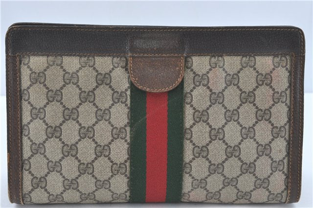 Auth GUCCI Web Sherry Line Clutch Hand Bag Purse GG PVC Leather Brown Junk J2221