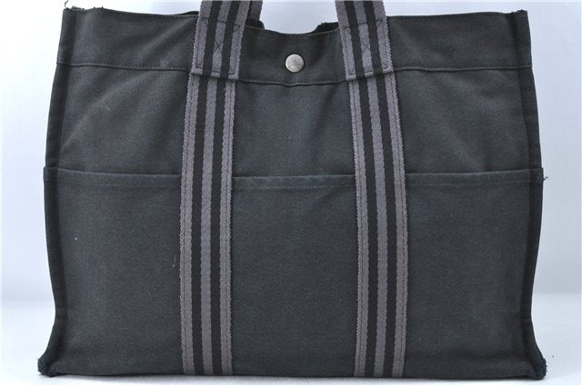 Authentic HERMES Fourre Tout MM Hand Tote Bag Canvas Cotton Black Gray J2222