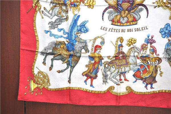 Authentic HERMES Carre 90 Scarf "LES FETES DU ROI SOLEIL" Silk Red J2228