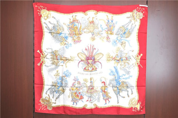 Authentic HERMES Carre 90 Scarf "LES FETES DU ROI SOLEIL" Silk Red J2228