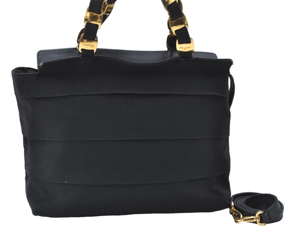 Authentic Salvatore Ferragamo 2Way Shoulder Hand Bag Nylon Leather Black J2268