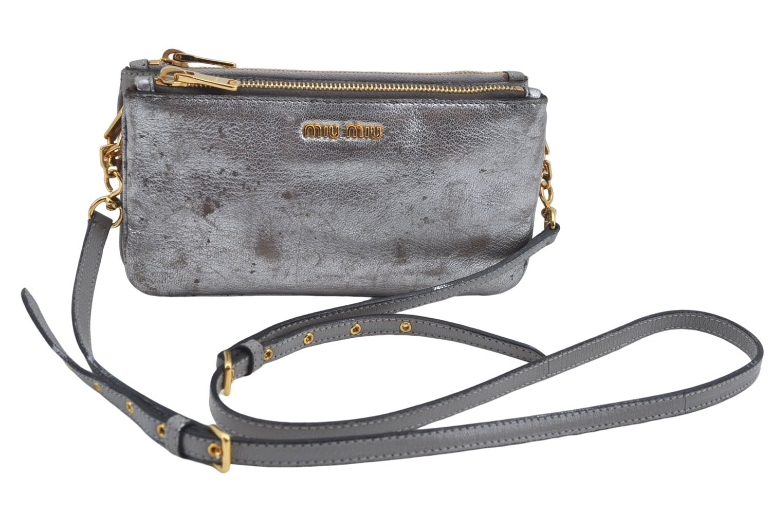 Authentic MIU MIU Leather Shoulder Cross Body Bag Purse Silver Light Gray J2269