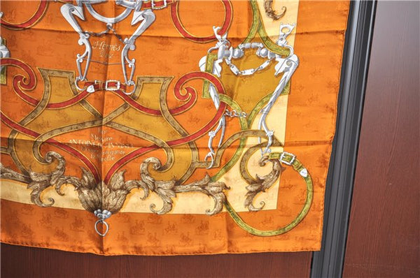 Auth HERMES Carre 90 Scarf "pas me faire antoine de pluvinel" Silk Brown J2305