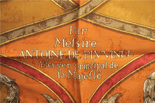 Auth HERMES Carre 90 Scarf "pas me faire antoine de pluvinel" Silk Brown J2305