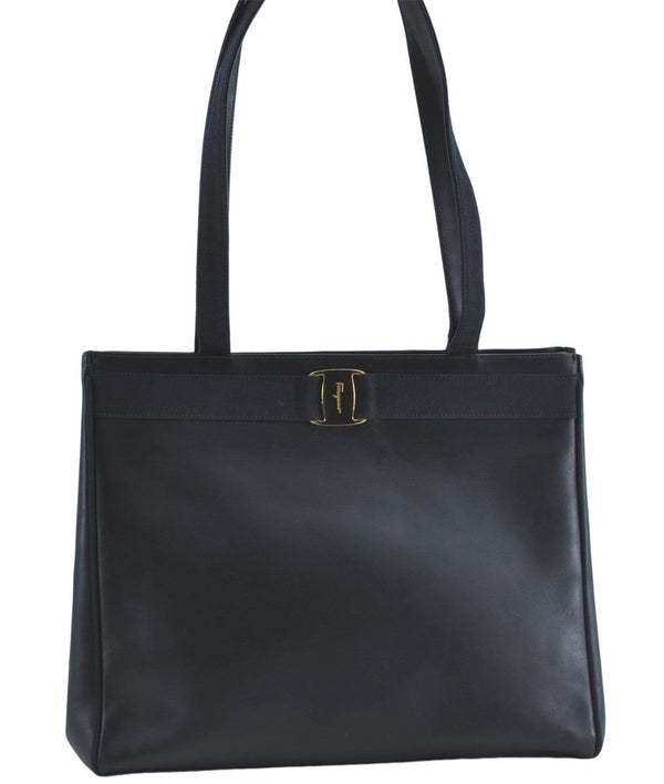 Authentic Salvatore Ferragamo Vara Leather Shoulder Tote Bag Navy Blue SF J2331