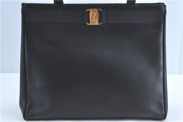Authentic Salvatore Ferragamo Vara Leather Shoulder Tote Bag Navy Blue SF J2331