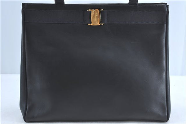 Authentic Salvatore Ferragamo Vara Leather Shoulder Tote Bag Navy Blue SF J2331