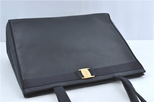 Authentic Salvatore Ferragamo Vara Leather Shoulder Tote Bag Navy Blue SF J2331
