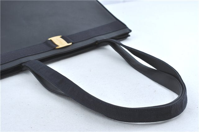 Authentic Salvatore Ferragamo Vara Leather Shoulder Tote Bag Navy Blue SF J2331