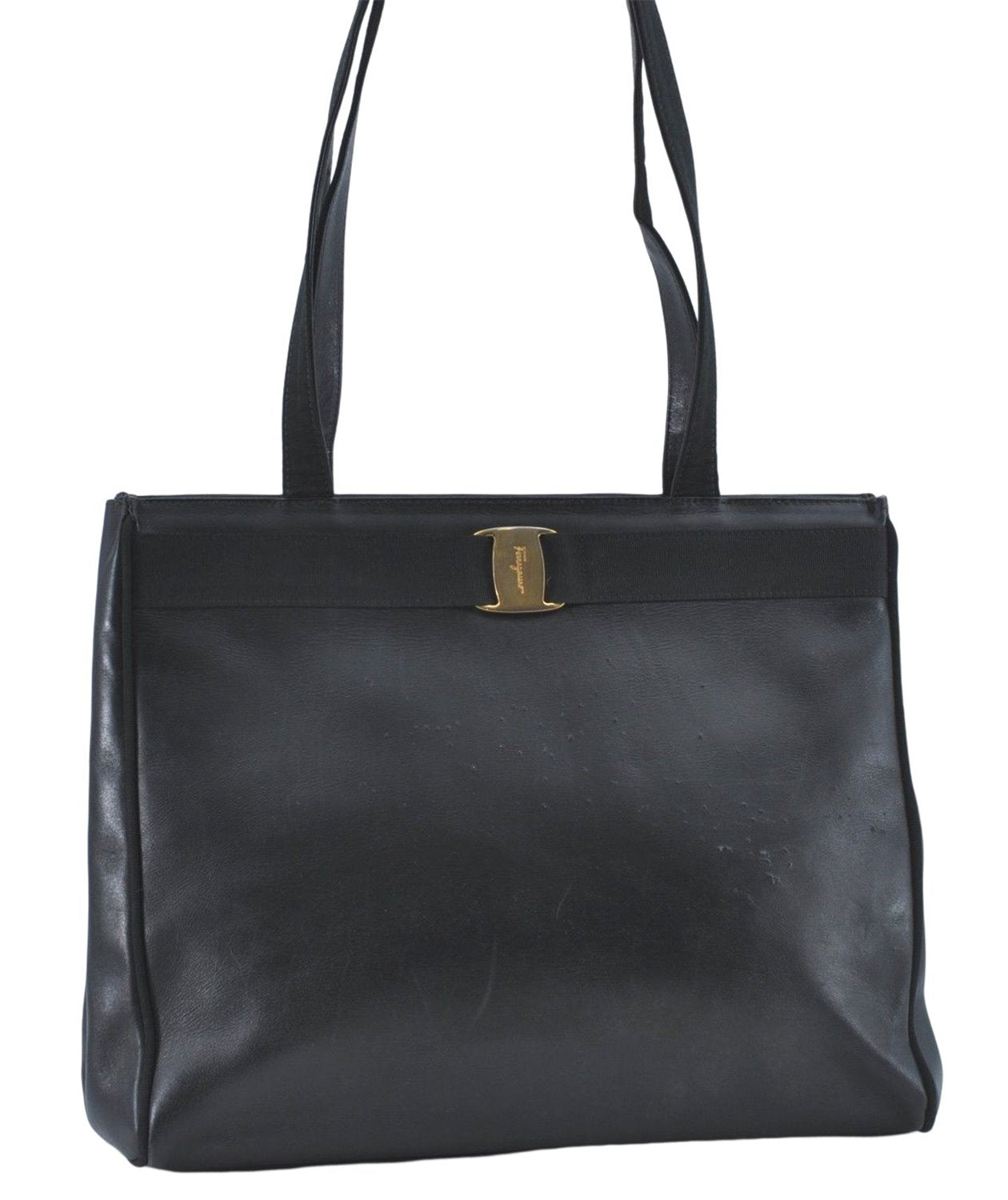 Authentic Salvatore Ferragamo Vara Leather Shoulder Tote Bag Navy Blue SF J2408