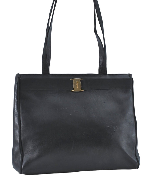 Authentic Salvatore Ferragamo Vara Leather Shoulder Tote Bag Navy Blue SF J2408