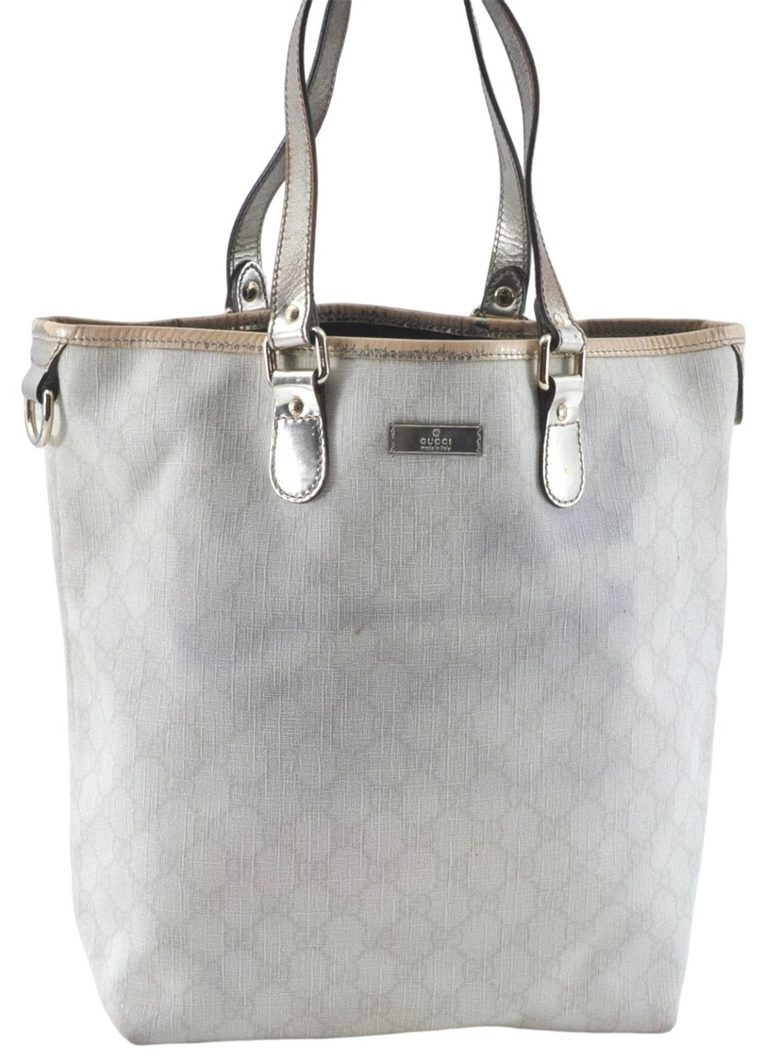 Authentic GUCCI Shoulder Tote Bag Purse GG PVC Leather 139896 White Silver J2490